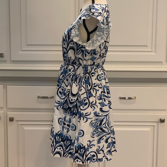 Emery Rose ~ Blue & White Ruffle Sleeve Elastic Waist Fit & Flare Dress Sz Small - Picture 6 of 11